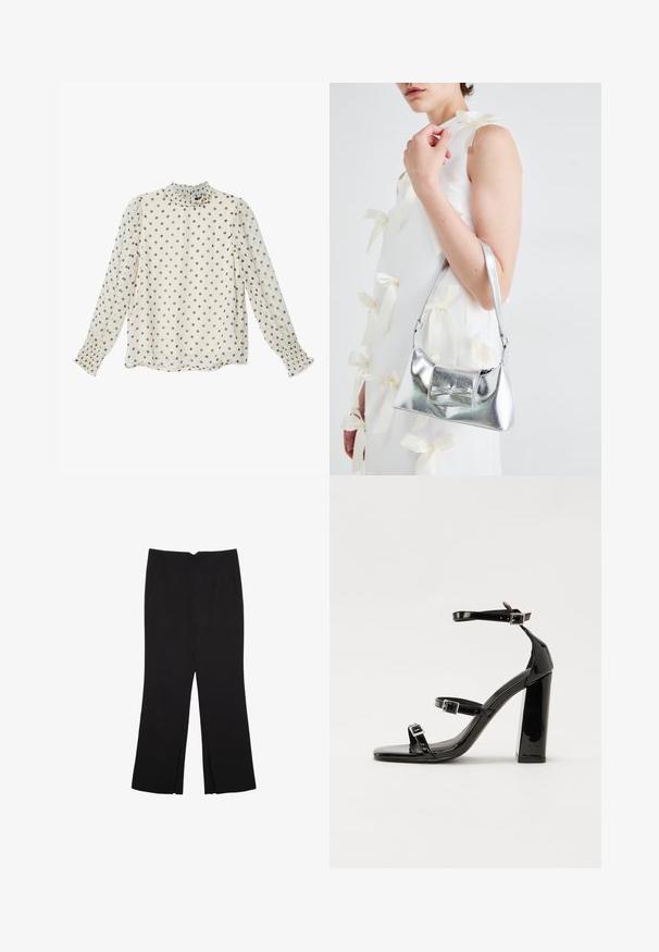 Durchsichtige cremefarbene Bluse mit grauen-Punkten, hohem Kragen mit Rüsche, langen Ärmeln mit gerafften Bündchen, leichtem Stoff.; Schwarze Hose mit geradem Schnitt, ausgestattet mit Fronttaschen und Seitenschlitzen am Saum. Hergestellt aus weichem, glattem Stoff. Geeignet für verschiedene Anlässe.; Schwarze patentierte Sandalen mit Absatz, quadratischer Spitze, Knöchelriemen und silbernen Schnallen. Mit einem stabilen Blockabsatz für mehr Stabilität.; Silberne metallische Handtasche mit strukturierter Form, ausgestattet mit einem oberen Griff und einer Schleifenapplikation auf der Vorderseite. Glatte Textur, reflektierendes Finish.