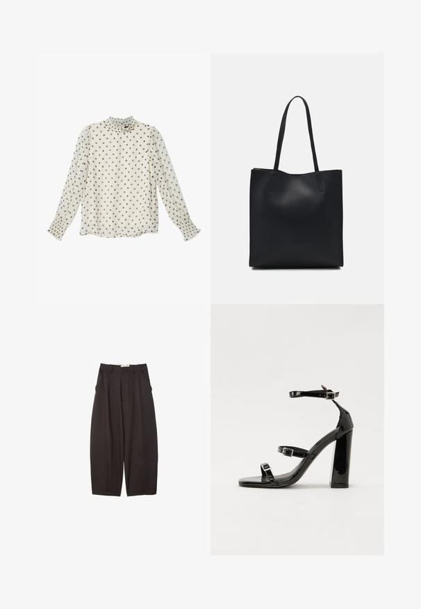 Priehľadná krémová blúzka s šedými bodkami, vysoký golier s volánikmi, dlhé rukávy s riasenými manžetami, ľahká tkanina.; Čierne široké nohavice vyrobené z hladkej tkaniny, s vysokým pásom, prednými skladmi a bočnými vreckami. Jednoduchý dizajn bez ozdôb.; Čierne lakované sandále na podpätku so štvorcovou špičkou, navlečenými remienkami okolo členku a striebornými prackami. Disponujú masívnym blokovým podpätkom pre stabilitu.; Čierna kožená taška na rameno s hladkým povrchom, obdĺžnikovým tvarom a dvoma dlhými uchami. Bez viditeľného kovania alebo ozdôb.