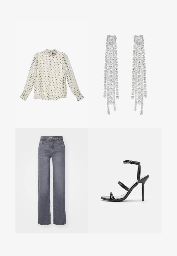 Doorzichtige crèmekleurige blouse met grijze stippen, hoge nek met ruffles, lange mouwen met vergaarde manchetten, van lichtgewicht stof.; Grijze wijde spijkerbroek van denim met een gladde textuur, voorzien van een knoop- en ritsluiting en vijf zakken.; Zwarte gepatineerde leren hoge hak sandalen met drie horizontale banden en een verstelbare enkelband. Slanke silhouette en glanzende afwerking.; Lange zilveren oorbellen met een scala aan heldere, facetteerde kristallen in een waterval van strengen met variërende lengtes en vormen.