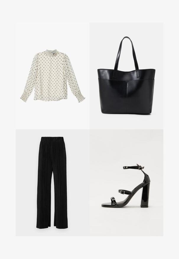 Sheer cream blouse with gray polka dots, high neck with ruffle, long sleeves with gathered cuffs, lightweight fabric.; Black pleated trousers with an elastic waistband. Features wide legs and a smooth, textured fabric with vertical stripes.; Black patent heeled sandals with a square toe, ankle straps, and silver buckles. Features a chunky block heel for stability.; Black leather tote bag with two long handles, a smooth texture, and a structured shape. Features a front pocket for additional storage.