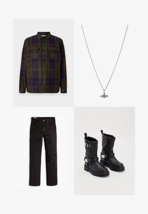 Koszula w kratę z flaneli w ciemnozielonym, granatowym i burgundowym kolorze, z zapinaniem na guziki, dwiema kieszeniami na piersiach oraz klasycznym kołnierzykiem. Teksturowana tkanina.; Czarne dżinsy proste z pięcioma kieszeniami, zapięciem na guzik i paskiem, rozłożone na białym tle.; Czarne skórzane botki za kostkę z solidną podeszwą, wyposażone w boczny pasek z klamrą i ozdobne elementy. Gładka tekstura z pętelką.; Srebrny naszyjnik z łańcuchem z ozdobnym wisiorkiem w kształcie planety, zdobionym małymi akcentami i skomplikowanymi wzorami.