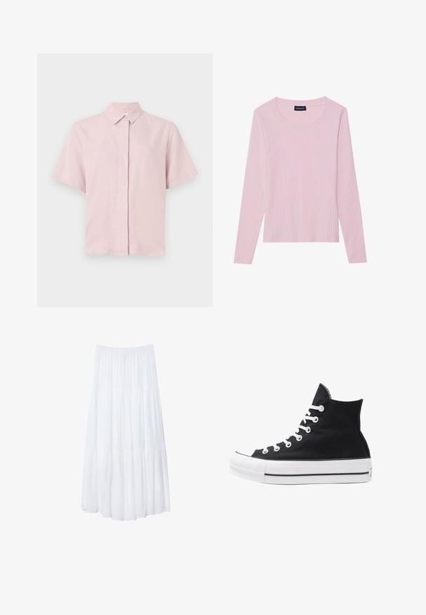 Camicetta rosa chiaro a maniche corte con colletto classico e chiusura frontale con bottoni. Realizzata in tessuto morbido con una vestibilità leggermente rilassata.; Top a maniche lunghe ribattuto di colore rosa chiaro con scollatura rotonda e silhouette aderente. Realizzato in morbido tessuto testurizzato. Design minimalista, senza motivi.; Gonna maxi bianca a più strati realizzata in tessuto leggero. Presenta una vita elastica e un design fluido con una morbida e sottile texture.; Sneaker alta nera in tela con occhielli e lacci bianchi e suola in gomma. Presenta un punta testurizzata e accenti a strisce bianche e nere.