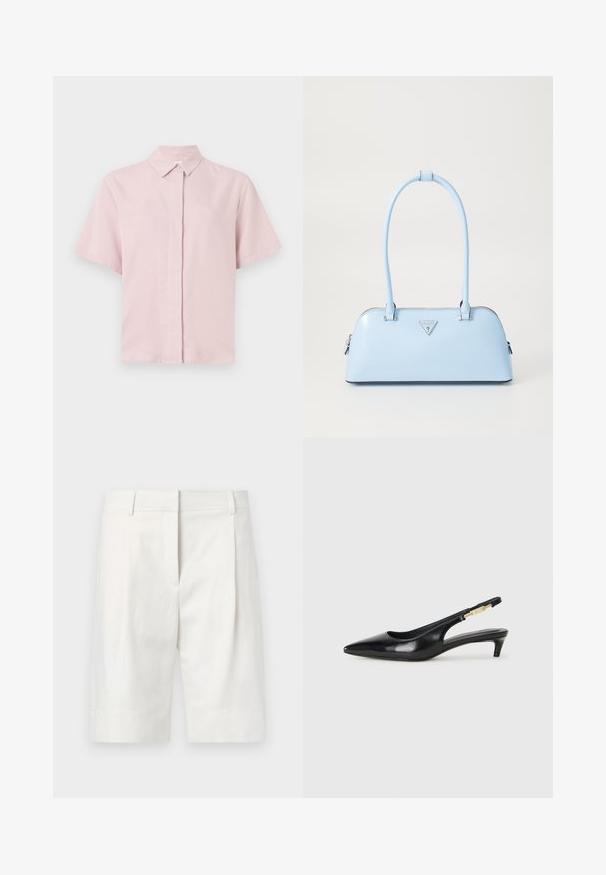 Gaišs rozā īsais krekls ar klasisku apkakli un pogu priekšpusi. Izgatavots no gluda auduma ar nedaudz brīvu piegriezumu.; Gai krāsas taisnas šortas, izgatavotas no kokvilnas, ar plakanu priekšpusi, krokām un taisnu griezumu. Gluda tekstūra ar klasisku apdari.; Melnas ādas slingback zābaki ar smailu purngalu, ar šauru papēdi un zelta krāsas akcentu uz regulējama siksniņas. Gluda tekstūra.; Gaiši zila rokassoma ar strukturētu formu, gludu ādas materiālu, divām rokturiem un triķsveida zīmola logo priekšpusē. Ar rāvējslēdzēja aizdari.