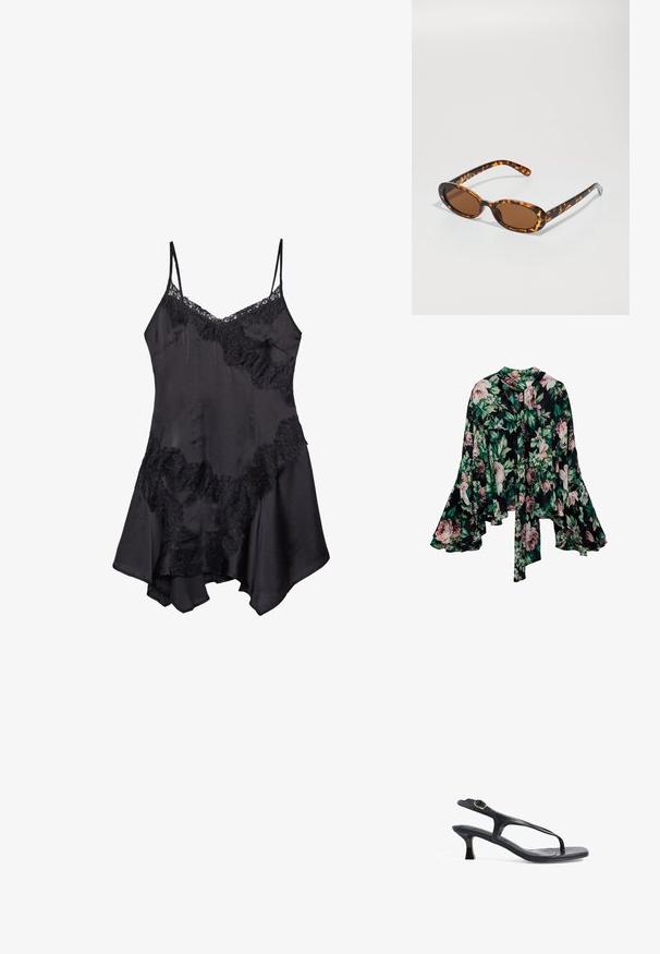 Blomsterbluse med sort baggrund og store lyserøde og grønne blomstermotiver, lange klokkeærmer og detaljer med bindebånd ved halsen. Letvægtsstof.; Sort satin slipkjole med blondekant, featuring justerbare spaghetti-stropper og flagrende kant, blød tekstur og dekorative rynkedetaljer.; Sort læder sandal med et slankt design, tynde stropper og en lille hæl. Har en spænde detaljer og en glat, tekstureret indersål.; Skildpadde-solbriller med ovale stel, brune linser og slanke sorte arme med diskrete mønster-indsatser.; Sort tekstureret tote taske med korte håndtag, der har en guldlås og detaljer. Designet er struktureret med en geometrisk silhuet.