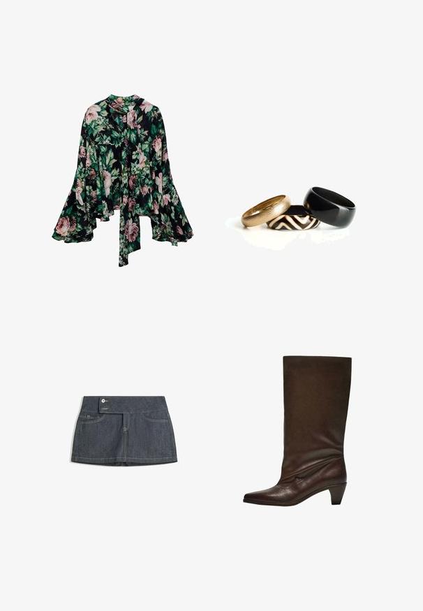 Blumenbluse mit schwarzem Hintergrund und großen rosa- und grünblauen Blumenmustern, langen Glockenärmel und einem Bindeband am Hals. Leichtes Material.; Dunkelblauer Denim-Rock mit hohem Bund, ausgestattet mit zwei Vordertaschen, einem Knopfverschluss und kontrastierendem Nähen entlang der Kanten.; Dunkelbraune Lederstiefel bis zur Mitte der Wade mit niedrigem Blockabsatz, spitzem Schuh sowie leicht schlaffem Schaft vor einem weißen Hintergrund.; Drei Ringe: ein strukturiertes goldenes Band, ein glänzendes schwarzes Band und ein gemustertes braun-weißes Band mit wellenförmigen Linien.