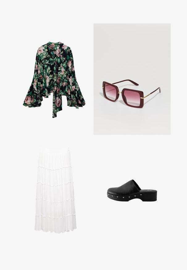 Kukkatakki, joka esittelee mustaa taustaa suurilla vaaleanpunaisilla ja vihreillä kukkakuoseilla, pitkät kellotikkaat ja solmittava kaulus. Kevyt kangas.; Valkoinen kerroksellinen hame, joka on valmistettu kevyestä kankaasta. Hameessa on joustava vyötärö, röyhelökerrokset ja virtaava muotoilu, joka ulottuu polven puoliväliin.; Musta nahkakengät, joissa on kohotettu pohja, pyöreä kärki ja koristeelliset hopeiset niitit sivuilla. Sujuva pinta ja minimalistinen muotoilu.; Dolce&Gabbana Aurinkolasit - bordeaux