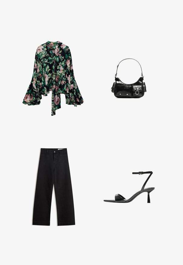 Bluză florală cu un fundal negru, prezentând modele mari de flori roz și verzi, mâneci lungi cu clopot și un detaliu cu fundă la gât. Material ușor.; Pantaloni din denim negri cu picioare largi, cu talie înaltă, având buzunare frontale și posterioare, cusături dublate și închidere cu nasture. Textură netedă.; Bershka Sandale cu toc - black; Geantă de mână din piele lăcuită neagră, cu o formă curbată, un umăr, buzunare frontale și accente din metal argintiu.