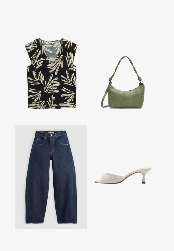 Zwarte blouse met een V-hals en kapmouwen, voorzien van een bloemenpatroon in beige en lichtblauw, met knopen aan de voorkant en een loose-fit.; Donkerblauwe denim jeans met een losse fit, lichte stiksels, vijf zakken en een knoopsluiting op de taille.; Witte open-toed hoge hakken met een gladde afwerking, minimalistisch ontwerp en een slanke hak, met een subtiele bruine accent op de zool.; Groeneleren handtas met een gladde textuur, gebogen vorm en gevlochten handvat. Beschikt over een ritsluiting en een verstelbare schouderband.