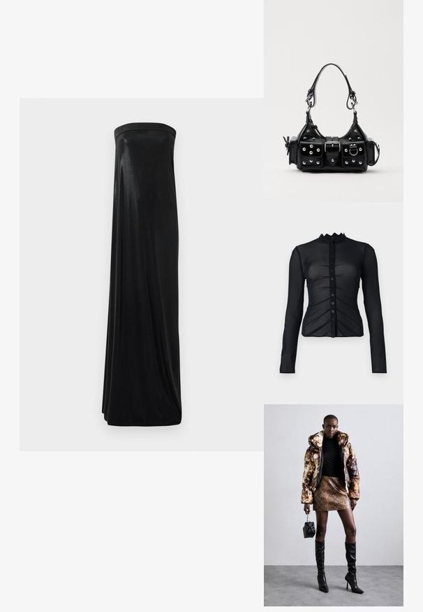 Black long-sleeve button-up shirt in sheer fabric with a ruffled collar, featuring ruched detail and fabric-covered buttons down the front.; Black strapless maxi dress made of smooth, shiny fabric. Features a fitted bodice and flowing silhouette, reaching the floor without embellishments.; Puffer jacket with a brown and black pattern, paired with a brown snake print mini skirt, black knee-high boots, and a small black bag.; Black leather handbag with a curved design, featuring silver studs, a buckle, and two side pockets. Adjustable strap for carrying options.