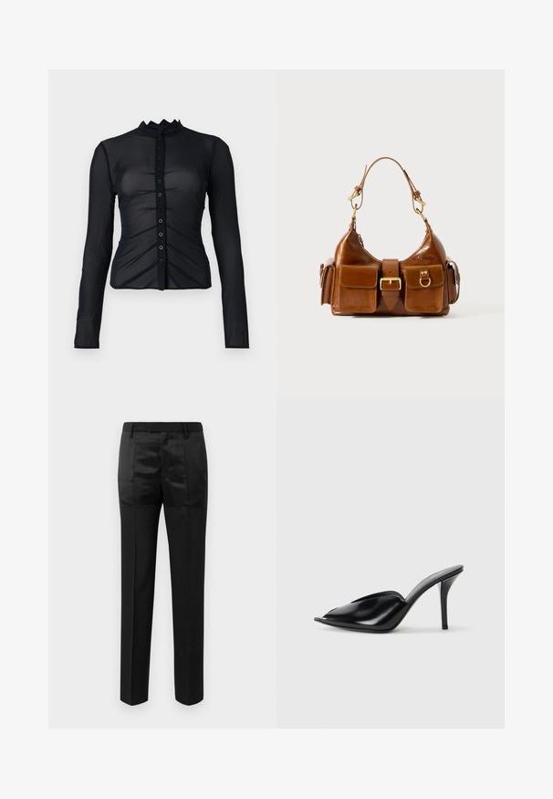 Svart långärmad skjorta med knappar i genomskinligt tyg med en volangkrage, som har rynkade detaljer och tygklädda knappar fram.; Svarta skräddarsydda byxor med raka ben och midjeband med bälteshällor, som har en blandning av matta och skinande tygpaneler.; Svarta läder högklackade mule-skor med öppen tå, spetsig design, slät yta och en smal stiletto-häl.; Brun läderhandväska med en rundad form, dubbla detaljer i gyllene ton, två framfickor och ett brett band. Slät textur med en elegant finish.