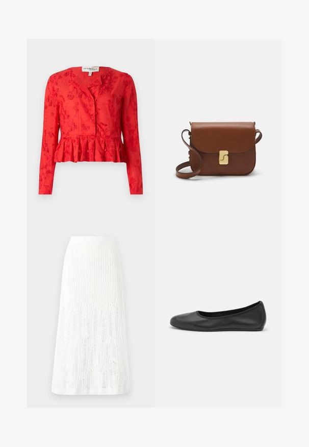Rød peplumbluse med lange ærmer, blomsterbroderi, knaplukning og glat tekstur. Har en let afslappet pasform.; Strikket hvid midi-nederdel med et tekstureret mønster med vertikale linjer og udskæringer nær kanten. Elastisk talje. Blødt materiale.; Sort læderballetsko med rund tå, glat tekstur, minimal syning og et fleksibelt såldesign.; Brun læder håndtaske med flaplukning, hardware i gyldent tone, en skulderrem og en glat overflade. Kompakt rektangulær form.