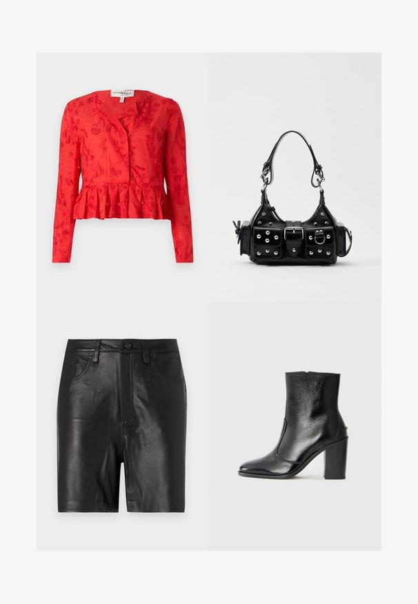 Raudonas peplum stiliaus bliuzonas su ilgomis rankovėmis, gėlių siuvinėjimu, mygtukų uždarymu ir lygia tekstūra. Pasižymi šiek tiek laisvu siluetu.; Juodi odiniai šortai su lygiu paviršiumi, su priekiu užtraukiama užtrauktuku, mygtuko uždarymu ir klasikiniu penkių kišenių dizainu.; Juodas odinis kulkšninis batas su lygiu paviršiumi, smailiu pirštu ir masyviu aukštu kulnu. Savybė - šoninis atidarymas ir minimalistiškas dizainas.; Juodas odinis rankinukas su kreiviu dizainu, su sidabro spalvos knopkėmis, užsegimu ir dviem šoninėmis kišenėmis. Reguliuojama dirželis nešimui.