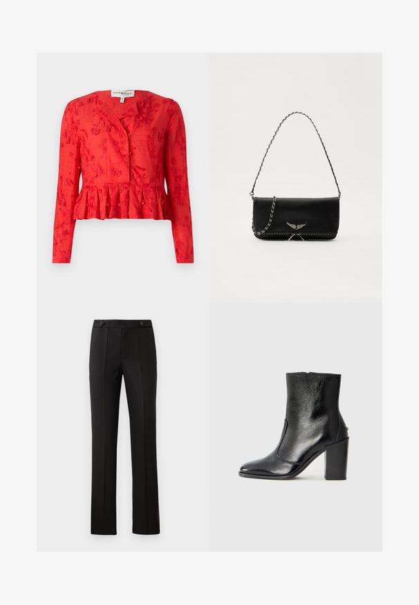Bluză roșie peplum cu mâneci lungi, broderie florală, închidere cu nasturi și textură netedă. Prezintă o croială ușor relaxată.; Pantaloni negri croiți, cu un croi drept, două buzunare frontale, închidere cu nasture și detalii cu pliuri în față. Textură de țesătură netedă.; Botină din piele neagră, cu o textură netedă, vârf ascuțit și toc gros, înalt. Dispune de o deschidere laterală și un design minimalist.; Geantă de mână din piele neagră cu un lanț din argint, având accente decorative în formă de aripi și cusături albe de-a lungul cusăturii de jos.