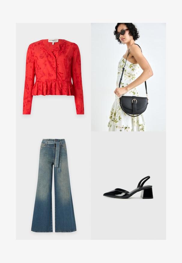 Red peplum blouse with long sleeves, floral embroidery, button closure, and smooth texture. Features a slightly relaxed fit.; Wide-leg denim trousers featuring a light to dark blue gradient, high waist, belt loops, and a matching fabric belt. Textured denim finish.; Black patent leather slingback heels with a pointed toe and a geometric block heel. Features a sleek, minimal design and smooth texture.; Black leather handbag with a curved shape, detachable strap, and gold hardware. The bag features a flap with a buckle detail.