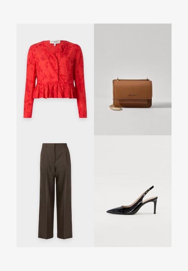 Red peplum blouse with long sleeves, floral embroidery, button closure, and smooth texture. Features a slightly relaxed fit.; Brown wide-leg trousers with a smooth texture, featuring a high waist, front pleats, and a tailored design. No visible pockets or embellishments.; Black patent leather slingback pump with pointed toe, slim heel, and a subtle cutout design. Features a gold buckle on the strap.; Brown textured leather crossbody bag with gold chain strap and flap closure. Front features logo detail and a pocket under the flap.