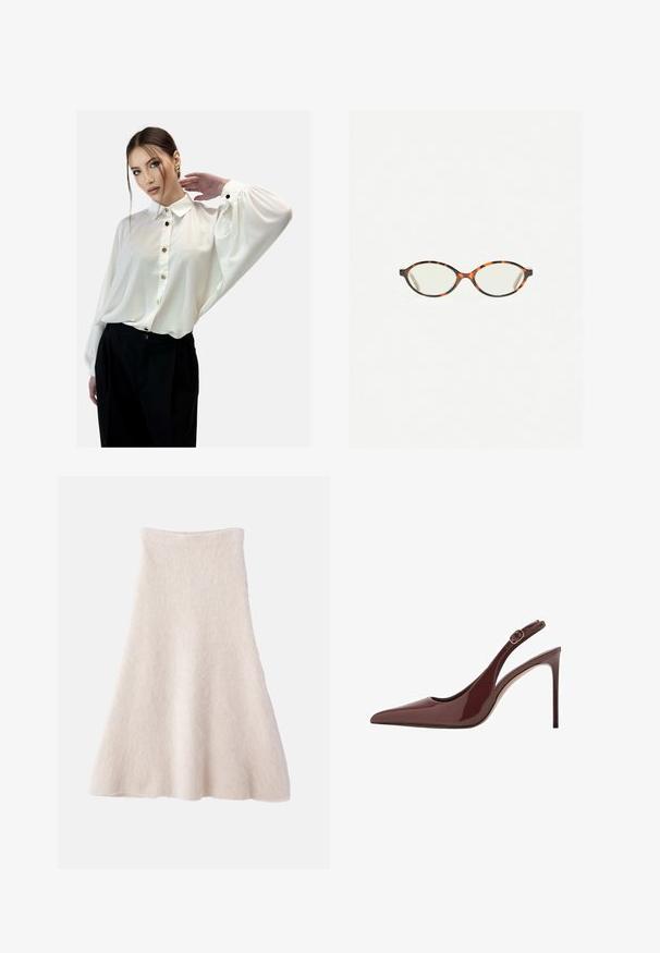 Witte blouse met knopen en een kraag, vloeiende lange mouwen en gouden knopen, gecombineerd met zwarte high-waisted broek. Glad textuur van de stof.; Een lichtbeige A-lijnrok van zacht, gestructureerd materiaal, met een gladde tailleband en een vloeiende silhouet.; Donkerbruine lakleren slingback met spitse neus, hoge hak en verstelbare gespriem. De slanke stilettohak voegt een elegante touch toe.; Kattenoogbril met ovale lenzen en een strakke, gladde afwerking. Heeft dunne zijkanten met een subtiele kromming bij de slapen. Transparante lenzen.