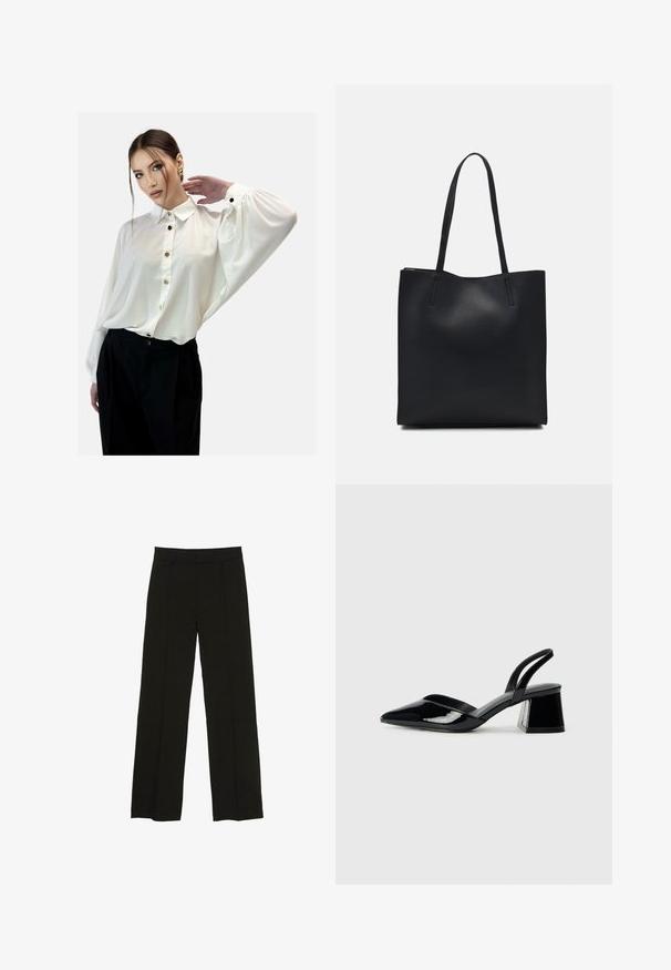 Witte blouse met knopen en een kraag, vloeiende lange mouwen en gouden knopen, gecombineerd met zwarte high-waisted broek. Glad textuur van de stof.; Zwarte wijde pantalon gemaakt van een soepele stof, met een aansluitende tailleband en subtiele plooien aan de voorkant voor extra textuur.; Zwarte gepatineerde leren slingback hakken met een spitse neus en een geometrische blokhak. Kenmerkt zich door een slank, minimalistisch ontwerp en een gladde textuur.; Zwarte leren handtas met een gladde textuur, rechthoekige vorm en twee lange handvaten. Geen zichtbare hardware of versieringen.
