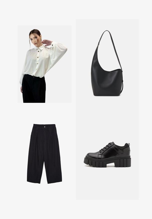 Weiße Bluse mit Knopfleiste und Kragen, fließenden langen Ärmeln und goldenen Knöpfen, kombiniert mit hoch taillierten schwarzen Hosen. Glatte Stofftextur.; Schwarze Polyester-Culotte mit einem elastischen Bund, zwei vorderen Falten und einer lockeren Silhouette. Keine sichtbaren Muster oder Hardware-Details.; Schwarze Lederplateauschuhe mit klobigem Blockabsatz, runder Zehenpartie und traditionellem Schnürdesign. Verfügt über eine glatte Textur und minimale Details.; Schwarze Leder-Hobo-Tasche mit einer glatten Textur, geschwungener Form und einem einzelnen verstellbaren Tragegurt; verfügt über eine weite Öffnung am oberen Ende.