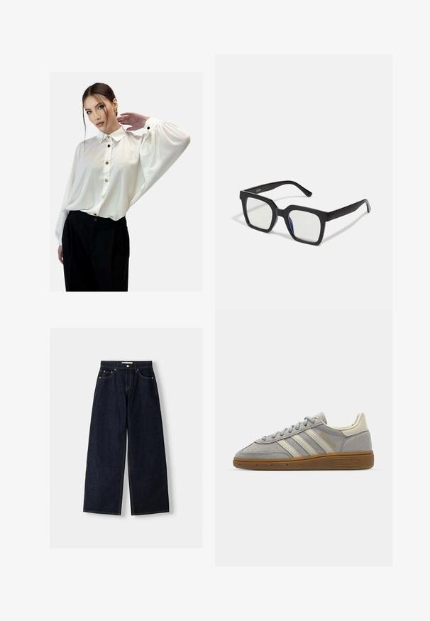 White button-up blouse with a collar, fluid long sleeves, and gold buttons, paired with high-waisted black trousers. Smooth fabric texture.; Dark blue denim wide-leg jeans with a high waist, five pockets, contrast stitching, and silver metal hardware. Smooth texture and clean finish.; Gray suede sneakers with light gray leather stripes and a gum rubber sole. Features include lace closure and subtle branding on the tongue.; Black square sunglasses with a matte finish, featuring transparent lenses and a slight blue tint on one side. Robust, angular design.