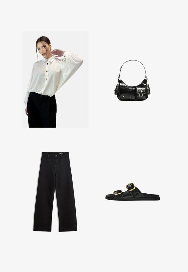Weiße Bluse mit Knopfleiste und Kragen, fließenden langen Ärmeln und goldenen Knöpfen, kombiniert mit hoch taillierten schwarzen Hosen. Glatte Stofftextur.; Schwarze weit geschnittene Jeans mit hoher Taille, ausgestattet mit Vorder- und Hintertaschen, gesteppten Nähten und einem Knopfverschluss. Glatte Textur.; Schwarze Riemensandale mit zwei goldenen Schnallendetails, glattem Material, flachem Sohlen und minimalistischer Gestaltung.; Schwarze Lackleder-Handtasche mit geschwungenem Design, einem Schulterriemen, Vordertaschen und silberfarbenen Hardware-Akzenten.