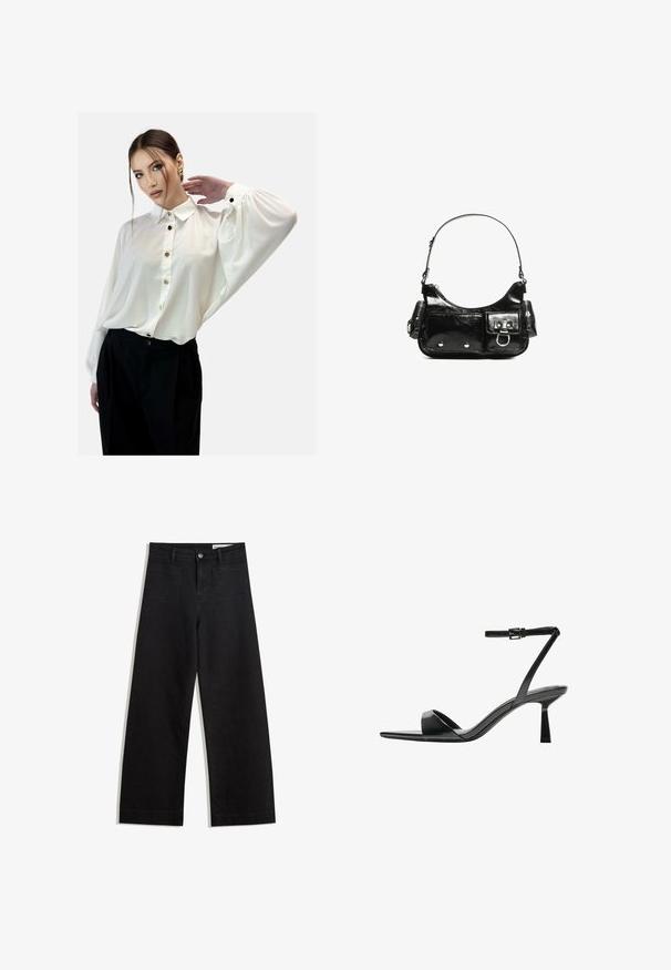Camicia bianca con colletto, maniche lunghe fluide e bottoni dorati, abbinata a pantaloni neri a vita alta. Tessuto dalla consistenza liscia.; Pantaloni in denim neri a gamba larga con vita alta, dotati di tasche anteriori e posteriori, cuciture a punto, e chiusura con bottone. Texture liscia.; Bershka Sandali con tacco - black; Borsa a spalla in vernice nera con forma curvata, una tracolla, tasche frontali e dettagli in metallo argentato.