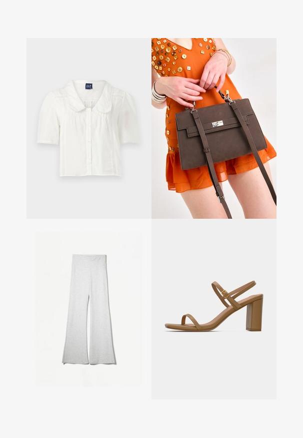 White short-sleeve collared blouse with button closure, featuring subtle vertical pleats and textured accents along the sides.; Light gray wide-leg pants made from soft fabric, featuring a high waistband and side slits for added flow and comfort.; Light brown heeled sandals with two slender straps and a square block heel. Smooth material with minimal design and a small gold buckle detail.; Brown structured handbag with a flat design, silver hardware, adjustable straps, and a clasp closure, displayed against an orange outfit.