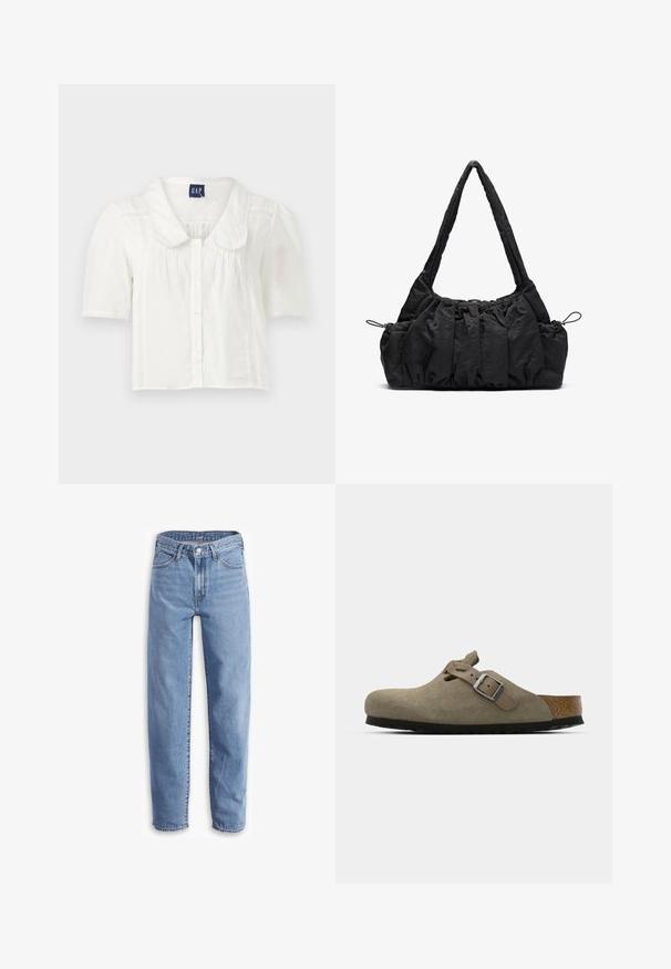 Balta īsām piedurknēm krekls ar apkakli, ar pogu aizdari, ar smalku vertikālu krokojumu un faktūrētiem akcentiem gar malām.; Gaiši zili džinsi, izgatavoti no denim, ar brīvu piegriezumu, taisnu kāju, piecu kabatu dizainu un strīpainām apakšmalām, lai radītu ikdienišķu izskatu.; Zābaki no zamšu gaiši olīvzaļā krāsā ar formētu korķa un gumijas zoli. Iekļauj sānu jostu ar metāla sprādzi un noapaļotu pirkstu daļu.; Melnas auduma rokassoma ar sakrautu tekstūru, divām plecu siksnām un nostiprināšanas auklām sānos. Gluds, viegls materiāls.