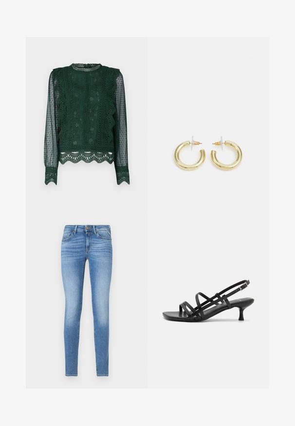 Zaļš mežģīņu blūze ar sarežģītām zīmēm, viļņotām malām un puscaurredzamiem garajiem piedurknēm ar apļu izgriezumu un dekoratīvo apdari.; Šauri gaismis zili džinsi ar vidēju jostas augstumu, priekšējo pogu un piecu kabatu dizainu.; Melni papēžu sandales ar vairākiem krustveida siksnām. Gluda materiāla, norādīta purngala un šaura papēža. Regulējama potītes siksna ar sprādzīti.; Zelta auskari ar gludu, spīdīgu apdari. Apaļš dizains, kas ietver mazu tapu un caurspīdīgu pamatni drošai valkāšanai.