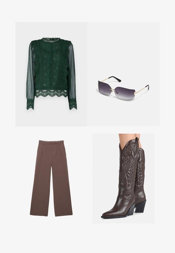 Blusa di pizzo verde scuro con maniche lunghe trasparenti, motivi floreali e a scallop, e un colletto alto con dettagli di crochet intricati.; Pantaloni a gamba larga in tessuto marrone uniforme, con una trama liscia, pieghe frontali e una vita su misura. Senza loghi o motivi visibili.; Stivali da cowboy in pelle marrone con punta affusolata e tacco a blocco, caratterizzati da dettagliati ricami e accenti rialzati sul gambale.; Occhiali da sole con lenti a gradiente grigio, montatura in metallo dorato e dettagli in plastica nera. Lenti a forma di farfalla uniche con stanghette sottili.