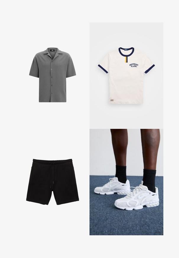 Kurzarmhemd mit Knopfleiste aus strukturiertem grauen Stoff. Verfügt über einen angeschnittenen Kragen und ein horizontales Rippmuster mit fünf Knöpfen auf der Vorderseite.; Weißes Baumwoll-T-Shirt mit marineblauem rundem Halsausschnitt und Akzenten an den Ärmeln. Verfügt über ein kleines Detail mit gelbem Knopf und gesticktem "NORTHEAST RL ATHL."; Schwarze Sweatshorts aus Baumwollmix. Mit einem elastischen Bund mit Kordelzug, seitlichen Taschen und einem entspannten Schnitt.; Weiße Sportschuhe mit Mesh-Obermaterial, strukturierten Akzenten und gepolsterter Sohle. Kombieirt mit schwarzen gerippten Knöchelsocken auf einer blauen Teppichoberfläche.