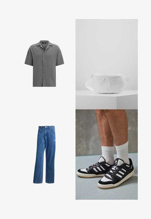 Kurzarmhemd mit Knopfleiste aus strukturiertem grauen Stoff. Verfügt über einen angeschnittenen Kragen und ein horizontales Rippmuster mit fünf Knöpfen auf der Vorderseite.; Blaue hohe, weite Jeans mit Fronttaschen, Gürtelschlaufen, Knopfverschluss und kleinem Adidas-Logo am rechten Oberschenkel.; Schwarz-weiße Sneaker mit einem Obermaterial aus Wildleder und Leder, ausgestattet mit drei weißen Streifen, einer perforierten Zehenpartie und einer Sohle aus Gummi.; Weißer Hüftbeutel aus strapazierfähigem Material, mit Reißverschluss, verstellbarem Tragegurt und kleinem geprägtem Logo auf der Vorderseite.