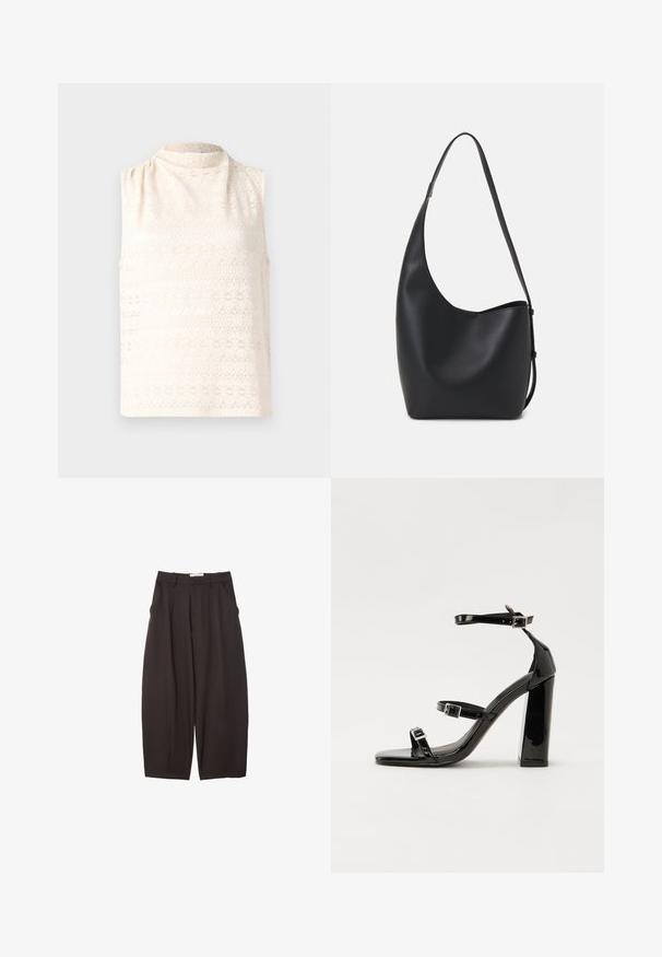 Bezramenný krémový top z vzorované krajky s vysokým výstřihem a měkkou texturou. Má květinový vzor v horizontálních liniích.; Černé široké kalhoty vyrobené z hladkého materiálu, s vysokým pasem, předními sklady a bočními kapsami. Jednoduchý design bez ozdob.; Černé lakované sandály na podpatku se čtveratou špičkou, lýtkovými pásky a stříbrnými přezkami. Disponují masivním blokovým podpatkem pro stabilitu.; Černá kožená hobo taška s hladkým povrchem, zakřiveným tvarem a jedním nastavitelným popruhem; má široké otevírání nahoře.