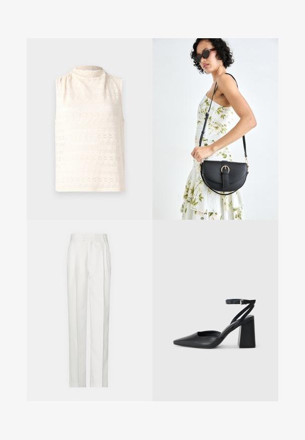 Top bez rukava krem boje izrađen od čipkastog uzorka s visokim izrezom i mekanom teksturom. Sadrži cvjetni dizajn u horizontalnim linijama.; Bijele hlače s prugicama ravnog kroja, izrađene od laganog materijala. Imaju nabore sprijeda i tradicionalni pojas.; Crne kožne cipele s špicastim vrhom, remenom oko gležnja i debelim potplatom. Ravna tekstura, elegantan dizajn i minimalistička estetika.; Crna kožna torba s lukovitim oblikom, odvojivim remenom i zlatnim detaljima. Torba ima preklop s kopčom.