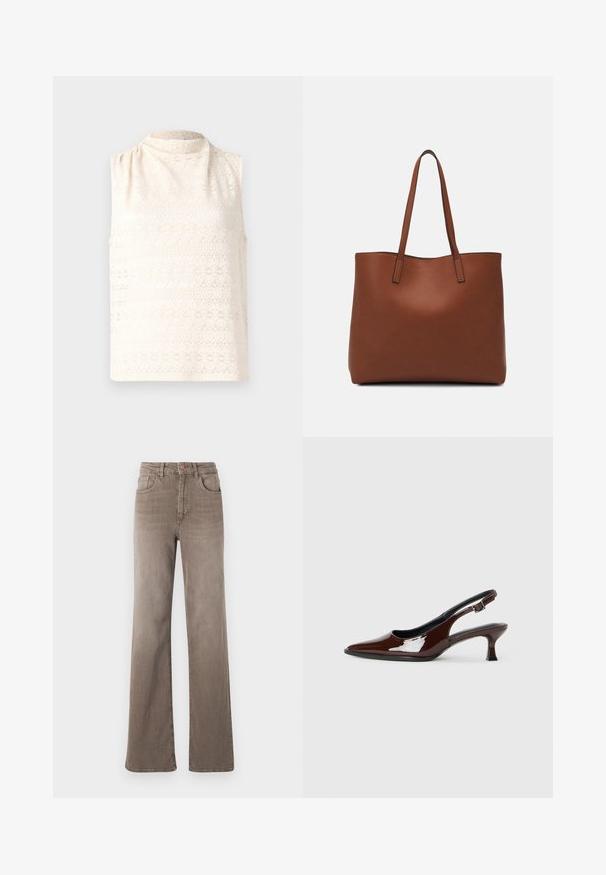 Ärmelloses creamfarbenes Oberteil aus gemusterter Spitze mit einem hohen Kragen und weicher Textur. Es hat ein florales Design in horizontalen Linien.; Braune hoch taillierte Straight-Leg-Jeans mit vorderem Knopf, Gürtelschlaufen und klassischem Fünf-Taschen-Design auf weißem Hintergrund.; Braune Lackleder-Slingback-Schuhe mit spitzer Zehe und moderatem Absatz. Mit einem Schnallenriemen für einen sicheren Sitz. Glatte Textur.; Braune Leder-Tote mit glatter Textur, offenem Oberteil und zwei Schulterriemen. Verfügt über minimale Nähte und keine sichtbaren Beschläge.