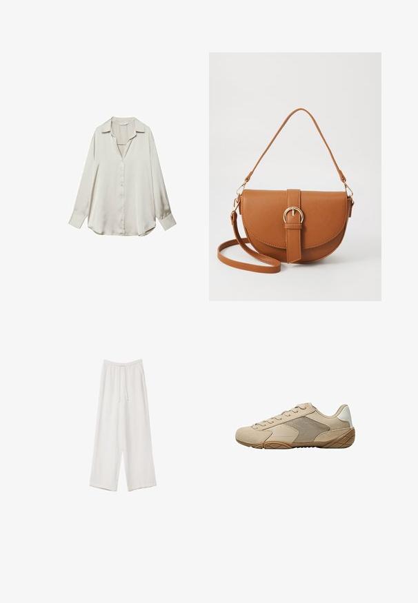 Ljusbeige satin långärmad skjorta med krage, knappstängning fram och avslappnad passform. Slät textur, något rundad nederkant.; Vita vida byxor i vid passform gjorda av ett lättviktsmaterial. Har en elastisk midja med dragsko och sidofickor. Slät textur.; Beige atletiska skor med en ovandel av mocka och mesh, strukturerad gummisula och platta snören. Släta detaljer vid hälen med en rundad tådesign.; Brun läder crossbody-väska med en böjd form, gyllene detaljer och en spänneaccent. Har en avtagbar axelrem.