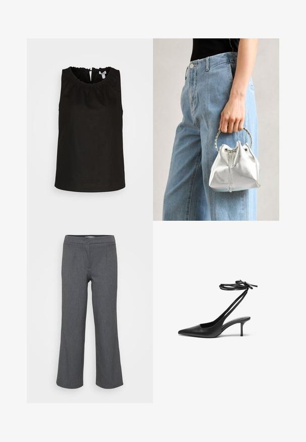 Esprit Top - black; Pantaloni grigi su misura con vita piatta, chiusura a un bottone e taglio a gamba larga. Texture liscia con un delicato motivo tessuto.; Scarpa stiletto nera in pelle con punta affusolata, retro aperto e cinghie alla caviglia legate a fiocco. Tacco sottile di 7,5 cm. Texture liscia, design minimalista.; Borsa a secchiello metallica argento con finitura testurizzata, decorata con un manico rotondo argento e chiusura a cordoncino, tenuta contro dei jeans azzurri.