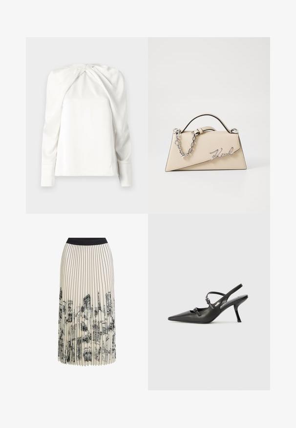 Blusa bianca con maniche lunghe, caratterizzata da un design a drappeggio nella parte frontale e una texture liscia e lucida. Include una chiusura con zip sul retro del collo.; Gonna plissettata color crema con una vita nera che presenta una stampa dettagliata di schizzi architettonici in nero, mettendo in evidenza vari progetti di edifici.; Scarpe slingback nere in pelle con punta affilata, tacco sottile e dettaglio decorativo a fibbia sulla tomaia. Texture liscia e design elegante.; Borsa a mano in pelle beige con una forma triangolare strutturata, dotata di un manico in catena argentata e di un logo in metallo scritto in corsivo.