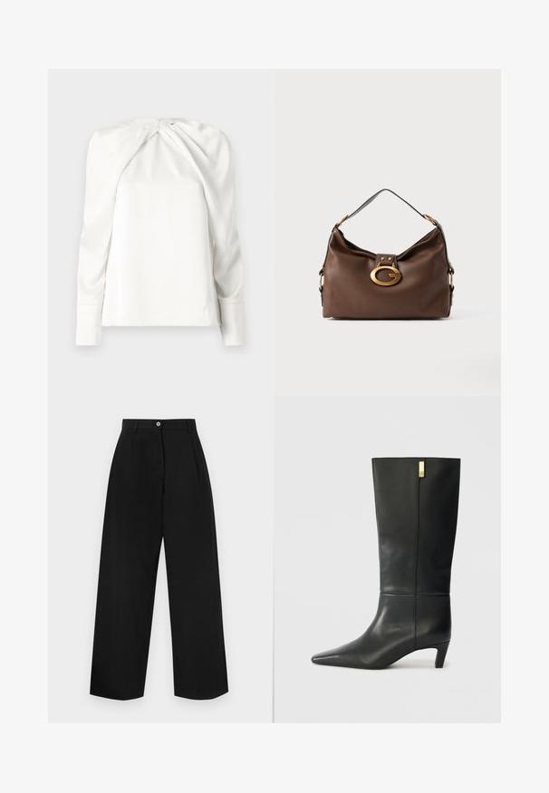 White blouse with long sleeves, featuring a draped front design and a smooth, shiny texture. Includes a back zipper closure at the neck.; Black wide-leg trousers featuring a flat front, two pleats, a single button closure, and a smooth texture. No pockets visible.; Black leather knee-high boot with a pointed toe and a small heel. Features a sleek design with a gold accent detail. Smooth texture.; Brown leather handbag with a textured finish, featuring a gold-tone hardware clasp and a single, curved shoulder strap.