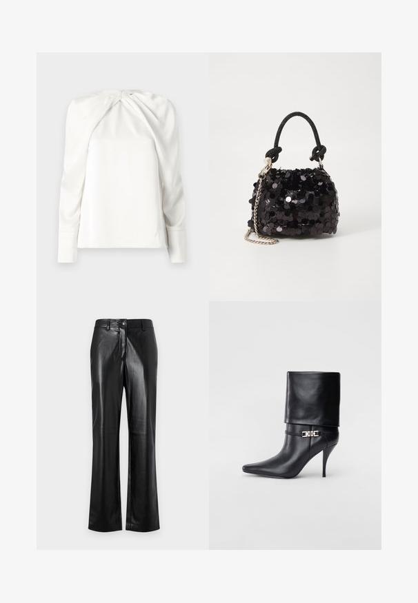 Weißes Blusenshirt mit langen Ärmeln, das ein drapiertes Vorderdesign und eine glatte, glänzende Textur aufweist. Mit einem Reißverschluss auf der Rückseite am Hals.; Schwarze Lederhosen mit geradem Bein, ausgestattet mit einem vorderen Knopfverschluss, Gürtelschlaufen und einer glatten, polierten Oberfläche.; Schwarze Leder-Ankle-Boots mit spitzer Zehenpartie, hohen Stiletto-Absätzen, umgeschlagenem Schaft und einem goldenen dekorativen Schnallen-Detail an der Knöchel.; Schwarze Pailletten-Mini-Handtasche mit einem geknoteten, strukturierten Tragegurt und einer silbernen Kette. Abgerundete Form mit gerafftem oberen Teil und reflektierenden Details.