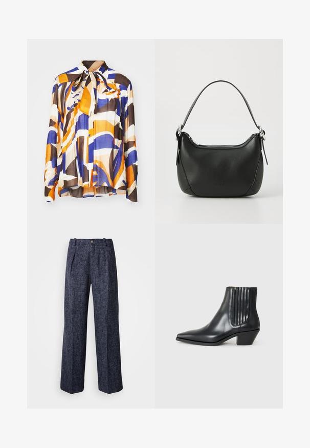 Flerfarget bluse med dristige abstrakte mønstre i oransje, blå og brunt; har en knyttekrage og plié-tekstur. Laget av lett materiale.; Grå ermeløs polo topp, kroppsnært snitt, ribbet tekstur, glatt stoff, har høy krage og stilige skulderutskjæringer.; Bukser i marineblå med struktureret vævning, høj talje, vide ben og frontplisser. Har en enkelt knap og lynlås lukning.; Sorte skinnankelsko med spiss tå, elastiske sidepaneler med vertikale groper, og en lav blokkhæl. Glatt tekstur og elegant design.; Svart skinnveske med en buet form, sølv glidelås og kort håndtak. Har en subtil logo på forsiden og glatt tekstur.