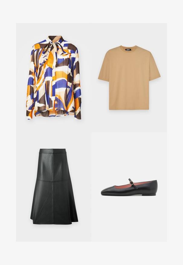 Multi-colored blouse with bold abstract patterns in orange, blue, and brown; features a tie collar and pleated texture. Made of lightweight fabric.; Beige cotton t-shirt with a crew neckline, short sleeves, and a relaxed fit. Smooth texture with stitching along the hem and sleeves.; Black leather A-line skirt, smooth texture, mid-calf length, features horizontal stitching detail at the waist and seams for added structure.; Black leather flat shoe with a pointed toe and ankle strap featuring a gold buckle. Smooth texture with a slightly glossy finish.