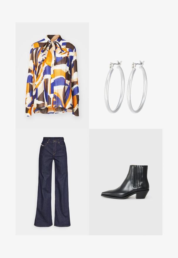Blusa multicolore con audaci motivi astratti in arancione, blu e marrone; presenta un colletto a cravatta e una texture plissettata. Realizzata in tessuto leggero.; Jeans a gamba larga di denim blu scuro con vita alta, caratterizzati da cuciture arancioni, design a cinque tasche e chiusura con bottone.; Stivaletto in pelle nera con punta affusolata, pannelli laterali elasticizzati con scanalature verticali e tacco basso a blocco. Texture liscia e design elegante.; Orecchini a cerchio in argento con una finitura liscia e lucida. Forma rotonda e chiusura a scatto sicura. Design leggero adatto per l'uso quotidiano.