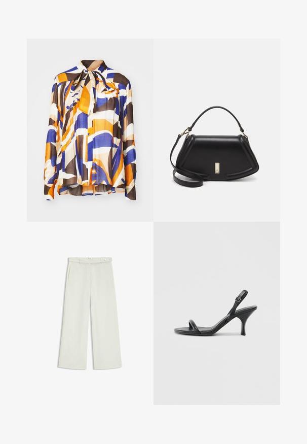 Blouse multicolore avec des motifs abstraits audacieux en orange, bleu et brun ; présente un col à nouer et une texture plissée. Fabriquée en tissu léger.; Pantalons à jambes larges en tissu crème clair, dotés de poches latérales, d'un devant plat et d'une fermeture à un bouton à la taille. Texture lisse.; Sandales à talons hauts en cuir noir avec un talon fin et courbé et un design de brides croisées. Bride de cheville réglable. Texture lisse.; Sac à main en cuir noir avec un design structuré, featuring une forme cropped, une poignée supérieure et des accents en matériel doré. Bandoulière réglable incluse.
