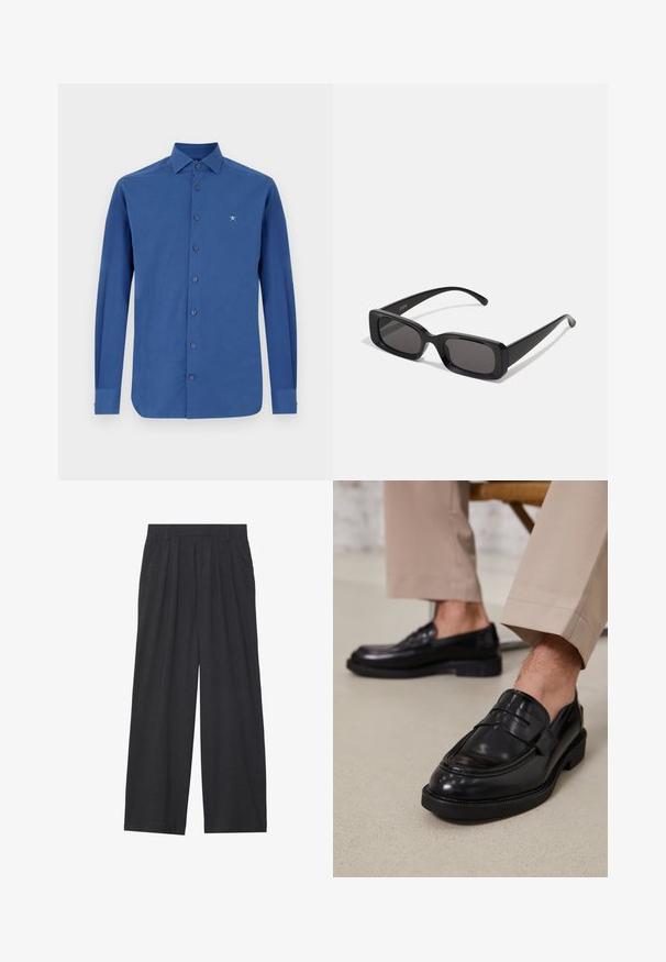 Modrá košeľa s dlhým rukávom vyrobená z bavlny, s zapínaním na gombíky, klasickým golierom a diskrétnym vyšitým logom na prsiach.; Široké nohavice vyrobené z tmavosivej látky. Majú prešívanie v páse, prispôsobený strih a rovný silueta.; Čierne kožené poltopánky s hladkým povrchom, so zdobným remienkom a kontrastným prešívaním, skombinované s béžovými nohavicami.; Čierne obdĺžnikové slnečné okuliare s tmavými šošovkami, lesklým povrchom, širokými ramenami a robustným rámovým dizajnom. Vygravírované meno značky na jednom ramene.