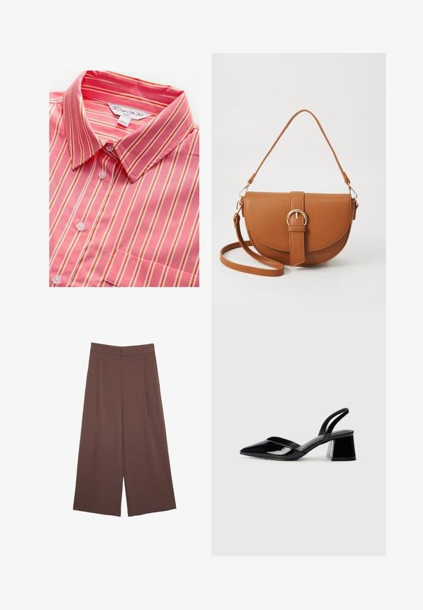 Gestreiftes, pink-weißes, kurzes Baumwollhemd mit Kragen, Knopfverschluss und einer einzelnen Brusttasche. Weicher Stoff und leichtes Material.; Braune Weite-Leg-Hosen mit einer glatten Textur, hoher Taille und Vorderfalten. Der Stoff ist leicht und fällt locker.; Schwarze Lackleder-Slingback-High Heels mit spitzem Schuh und einem geometrischen Blockabsatz. Verfügt über ein schlankes, minimalistisches Design und eine glatte Textur.; Braune Leder-Crossbody-Tasche mit geschwungener Form, goldfarbenen Beschlägen und einer Schnallenakzentuierung. Verfügt über einen abnehmbaren Schultergurt.