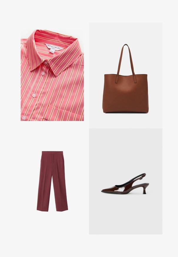 Pink and white striped cropped cotton shirt with a collar, featuring button closure and a single chest pocket. Soft texture and lightweight fabric.; Maroon wide-leg trousers with a smooth texture, featuring side pockets and a high waist design. Tailored with a clean front crease.; Brown patent leather slingback shoe with a pointed toe and a moderate heel. Features a buckle strap for secure fit. Smooth texture.; Brown leather tote bag with a smooth texture, open top design, and two shoulder straps. Features minimal stitching and no visible hardware.