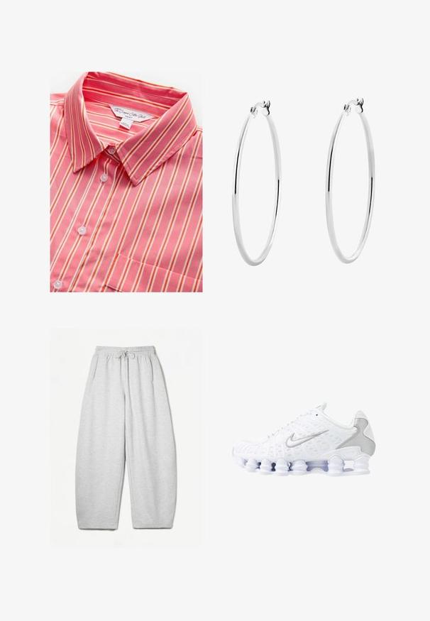 Roze en witte gestreepte gekorte katoenen shirt met een kraag, voorzien van knoopsluiting en een enkele borstzak. Zachte textuur en lichtgewicht stof.; Lichtgrijze sweatpants met een ontspannen pasvorm, elastische tailleband, trekkoord en zijzakken; gemaakt van zachte, gestructureerde stof.; Witte sportieve schoenen met een bovenwerk van mesh, zilveren accenten en een unieke spiraalzoolontwerp. Voorzien van een gevoerd kraag en vetersluiting voor een goede pasvorm.; Zilveren oorringen met een gladde, gepolijste oppervlakte en een dunne, ronde vorm. Het ontwerp heeft een veilige sluiting.