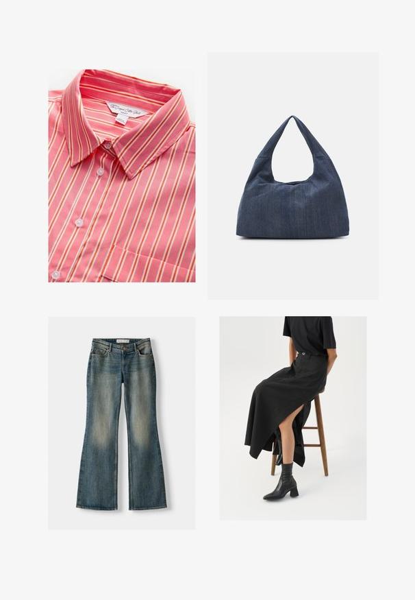 Vaaleanpunaiset ja valkoiset raidalliset lyhytvartiset puuvillapaita, jossa on kaulus, nappikiinnitys ja yksi rintatasku. Pehmeä rakenne ja kevyt kangas.; Siniset leveälahkeiset farkut, joissa on haalistunut pesu, viisi taskua ja nappikiinnitys. Materiaalissa on farkkukangas, jossa on hienovaraisia ompeluyksityiskohtia.; Musta pellavasta valmistettu maxi-hame, jossa on korkea halkio, puettuna mustan t-paidan ja mustien nilkkabootsien kanssa. Minimalistinen muotoilu, rento istuvuus.; Tumma sininen denimi laukku, jossa on pehmeä ja löysä muoto, hobo-tyylinen kahva ja teksturoitu pinta. Ei näkyviä metalliosia.