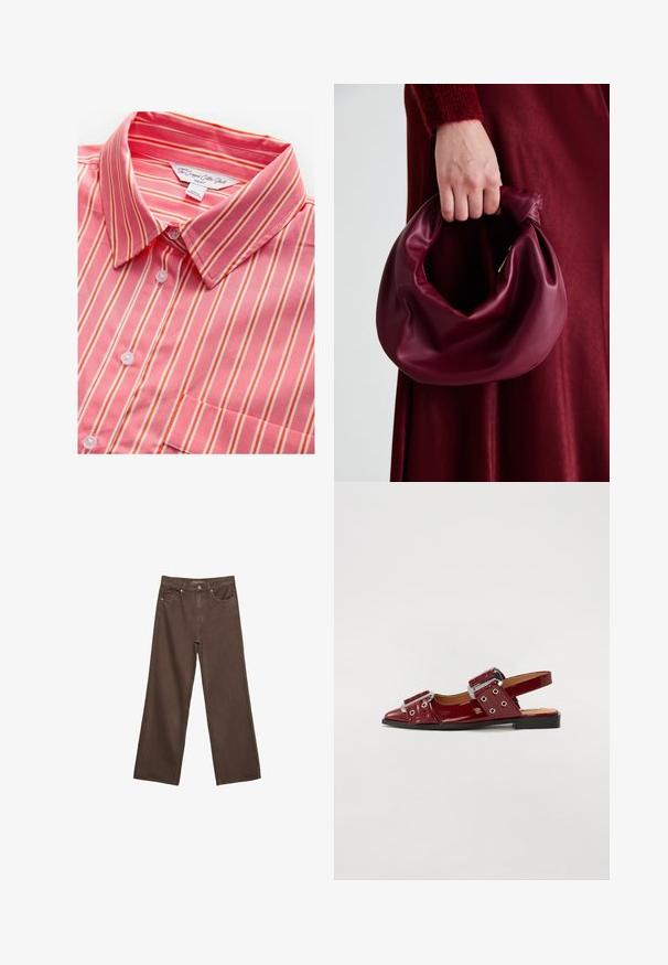 Růžová a bílá pruhovaná zkrácená bavlněná košile s límečkem, s knoflíkovým zapínáním a jednou náprsní kapsou. Měkká textura a lehký materiál.; Hnědé džíny s širokými nohavicemi vyrobené z denimu, s vysokým pasem, předními kapsami a klasickým zapínáním na knoflík. Hladká textura s jemným švem.; Burgundské lakované kožené boty na podpatku se špičatou špičkou, s dvěma nastavitelnými popruhy se sponami a stříbrnými akcenty.; Burgundská kožená kabelka s měkkým, nabíraným designem a zaobleným tvarem. Ucho je zajištěné a vykazuje hladkou texturu.