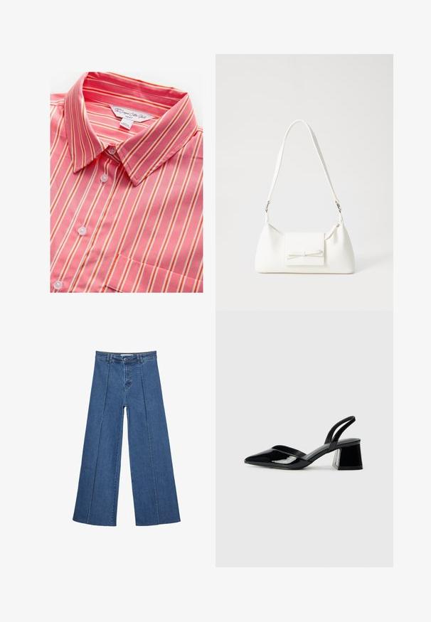 Pink and white striped cropped cotton shirt with a collar, featuring button closure and a single chest pocket. Soft texture and lightweight fabric.; Wide-leg denim jeans in medium blue, featuring a high waist, button closure, and contrasting vertical seam details along the front.; Black patent leather slingback heels with a pointed toe and a geometric block heel. Features a sleek, minimal design and smooth texture.; White synthetic handbag with a triangular shape, flat front flap and bow detail, adjustable strap, smooth texture, and minimalistic design.